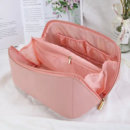 Bearky Beauty Ladies Simple Travel Cosmetic Bag PU Leather Portable Zipper Toiletry Makeup Pouch